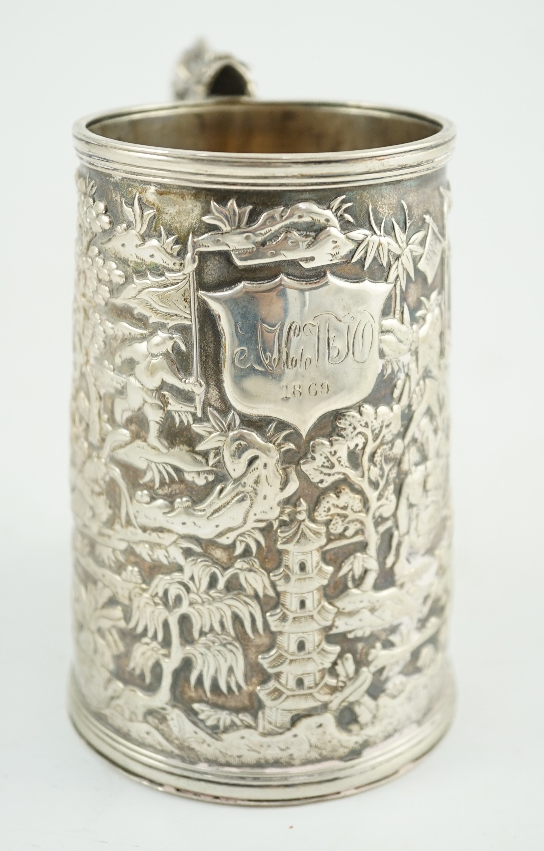 A 19th century Chinese Export double skinned silver mug, by Leeching (a.f.)